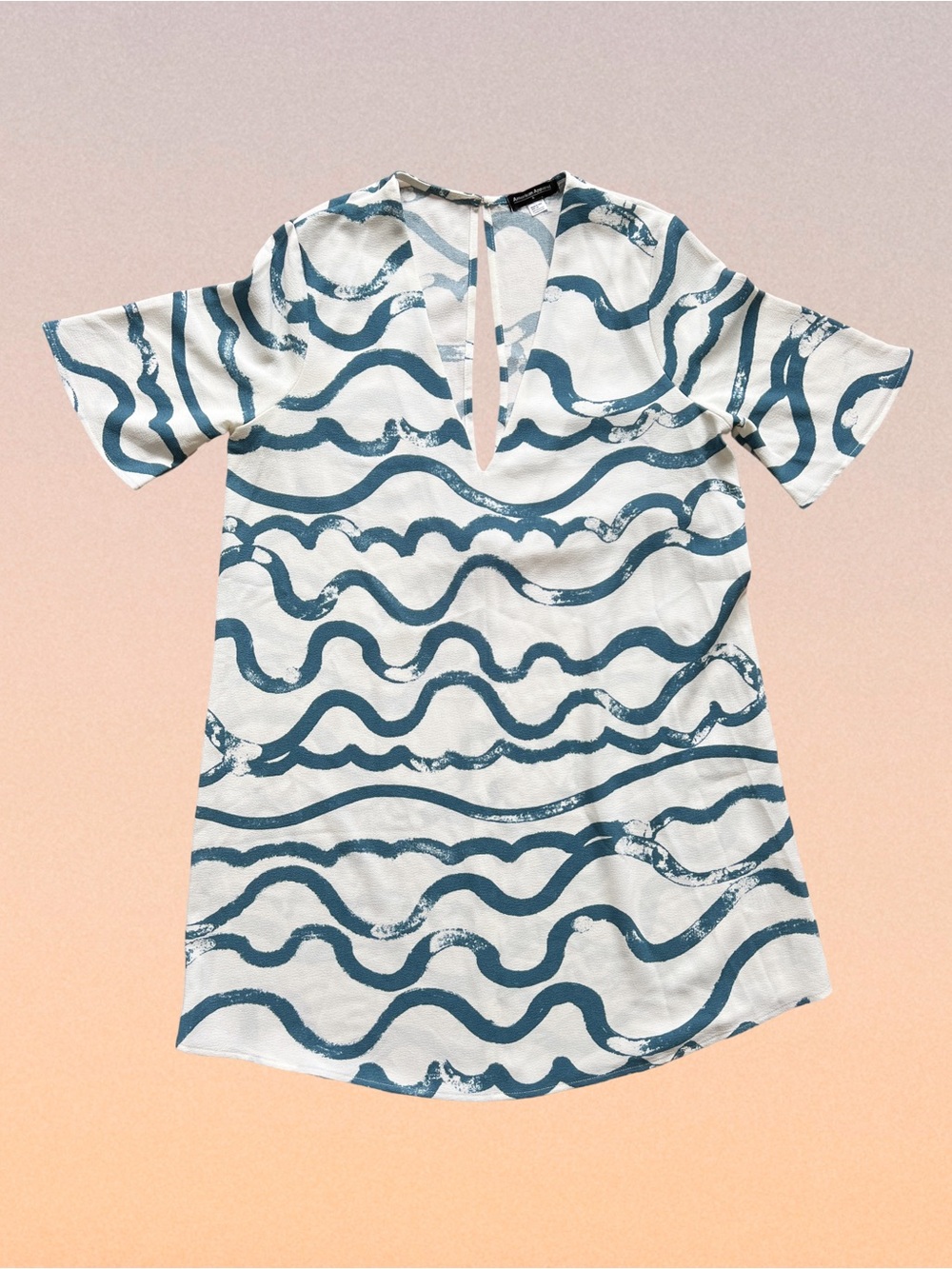 Nwot 2010s American Apparel Size S White + Blue Dress With Abstract Wave Print View 2